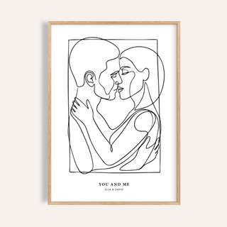 Framed print Abstract Figures of an embracing couple in minimalist black line art on white background