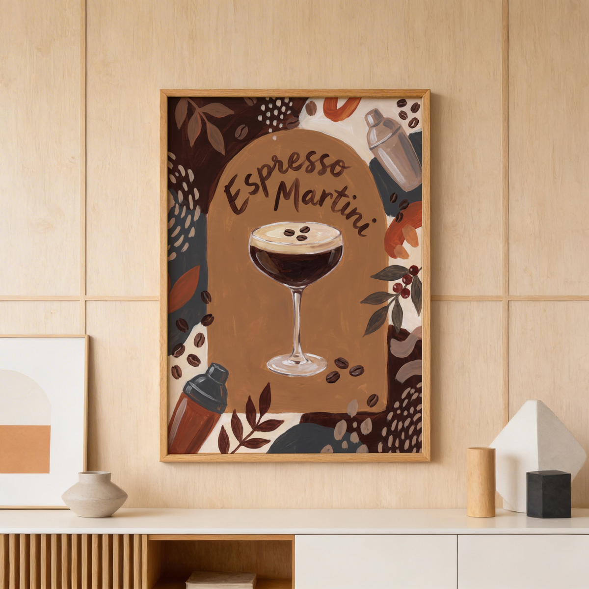 Centered cocktail print showing espresso martini in a coupe glass with three coffee beans on top
