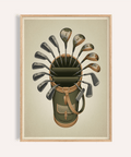 Centered golf bag poster print with clubs fanned out in a circular arrangement