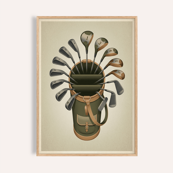 Centered golf bag poster print with clubs fanned out in a circular arrangement