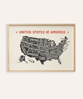 US Map Poster in Beige, Red, and Black for living room wall art