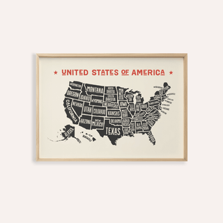 US Map Poster in Beige, Red, and Black for living room wall art