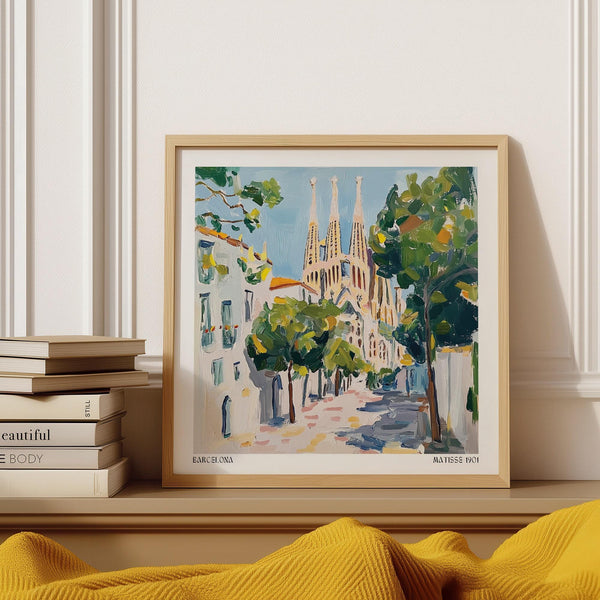 Travel Wall Art showing Barcelona’s Sagrada Família framed by leafy trees.