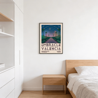 Symmetrical path art print with bold geometric typography at bottom