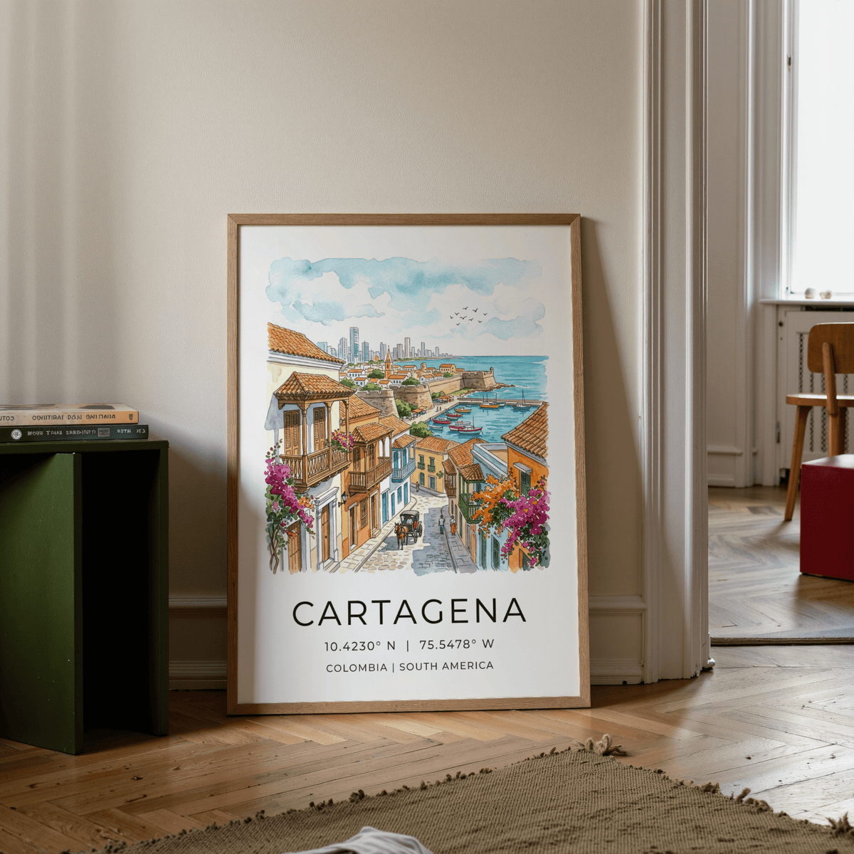 Typography-led Cartagena Art Print with city name, coordinates, and coastal illustration