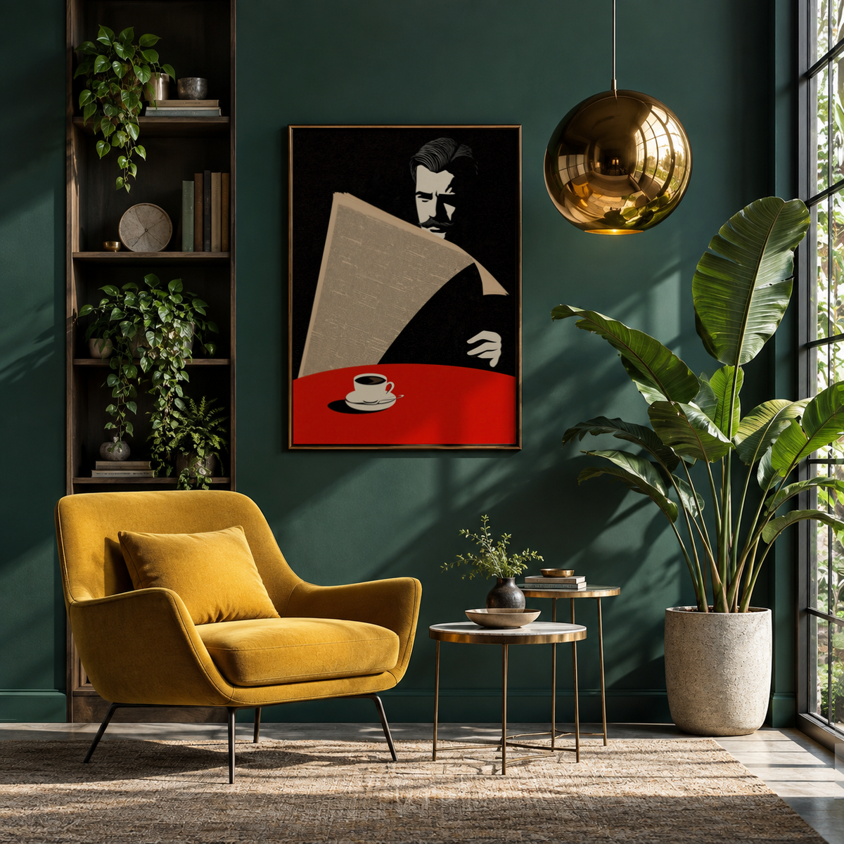 Graphic illustration poster of a mustached man holding a large newspaper over his face
