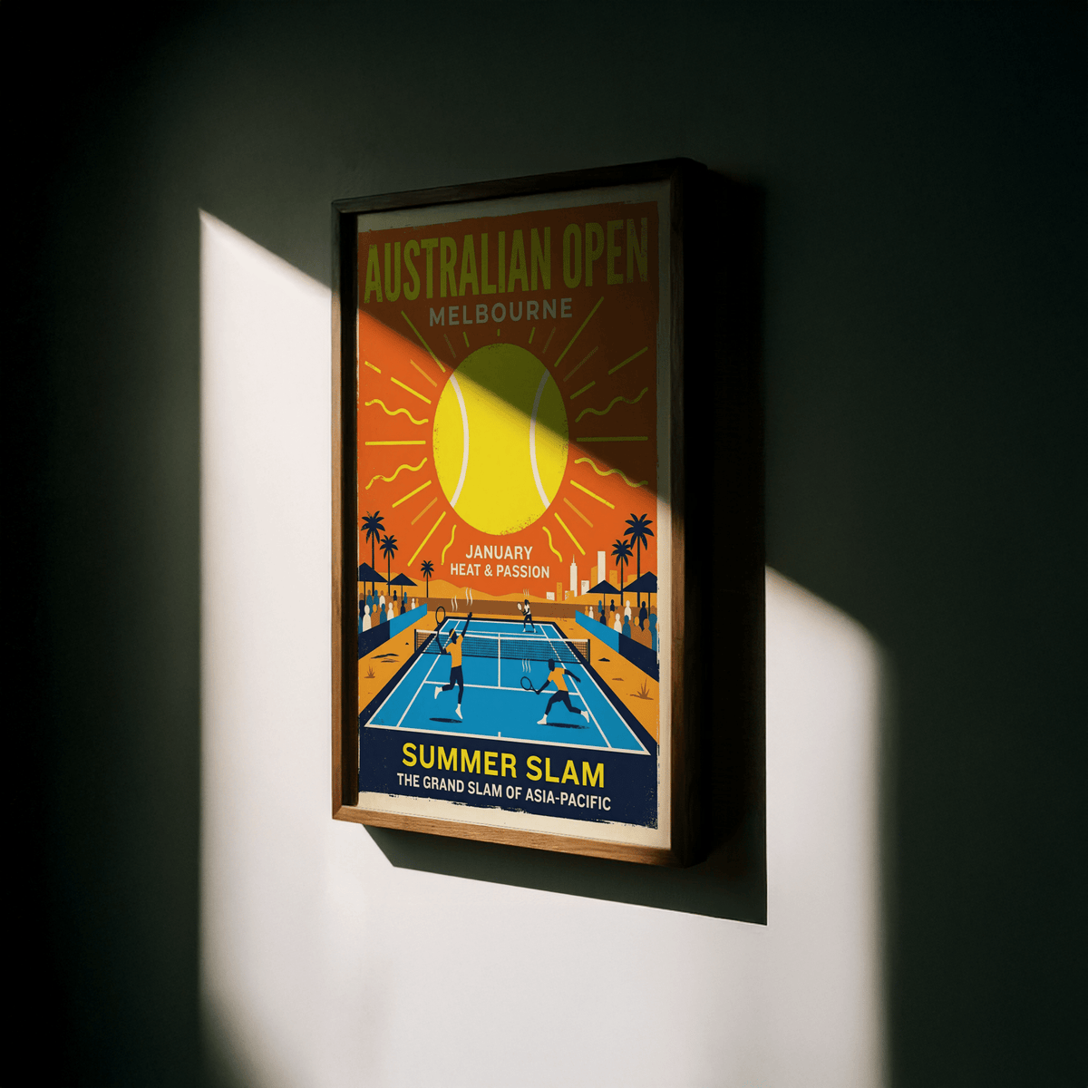 Illustrated tennis court poster print with city skyline silhouettes and palm trees