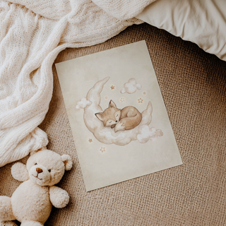Dreamy Animal Art Print of a watercolor fox asleep on a crescent moon with stars