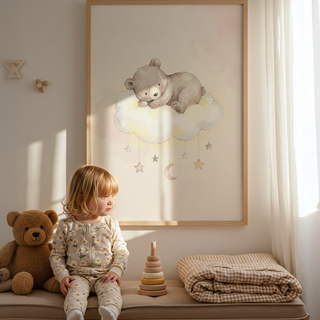 Gentle Bear Cloud Art Print with bear on fluffy cloud and hanging moon