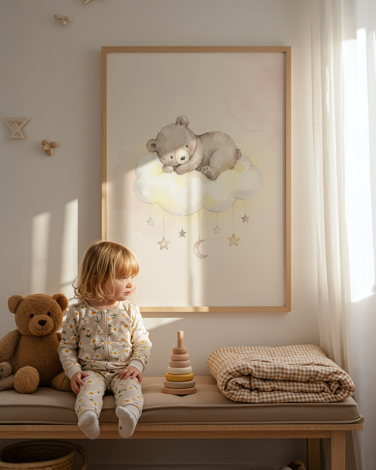 Gentle Bear Cloud Art Print with bear on fluffy cloud and hanging moon