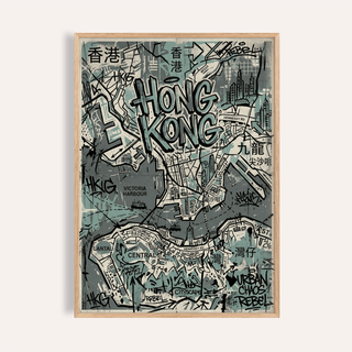 Hong Kong Map Wall Art print with layered street grids and arrow details