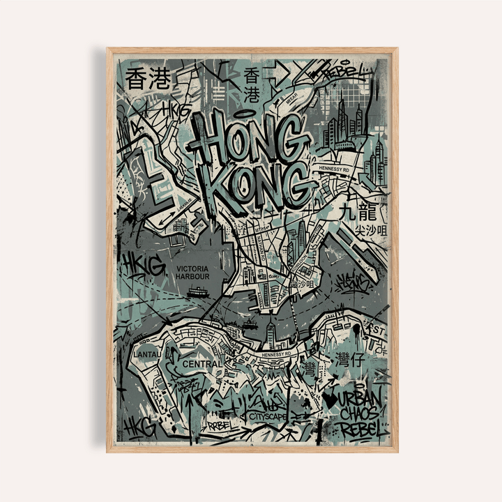 Hong Kong Map Wall Art print with layered street grids and arrow details