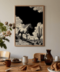Equine wall print of a horse sprinting through sparse desert vegetation