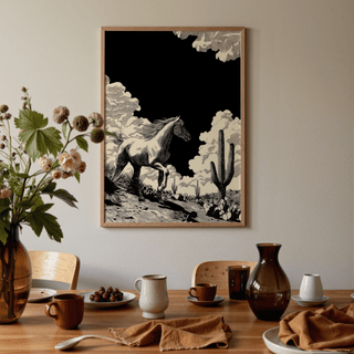 Equine wall print of a horse sprinting through sparse desert vegetation