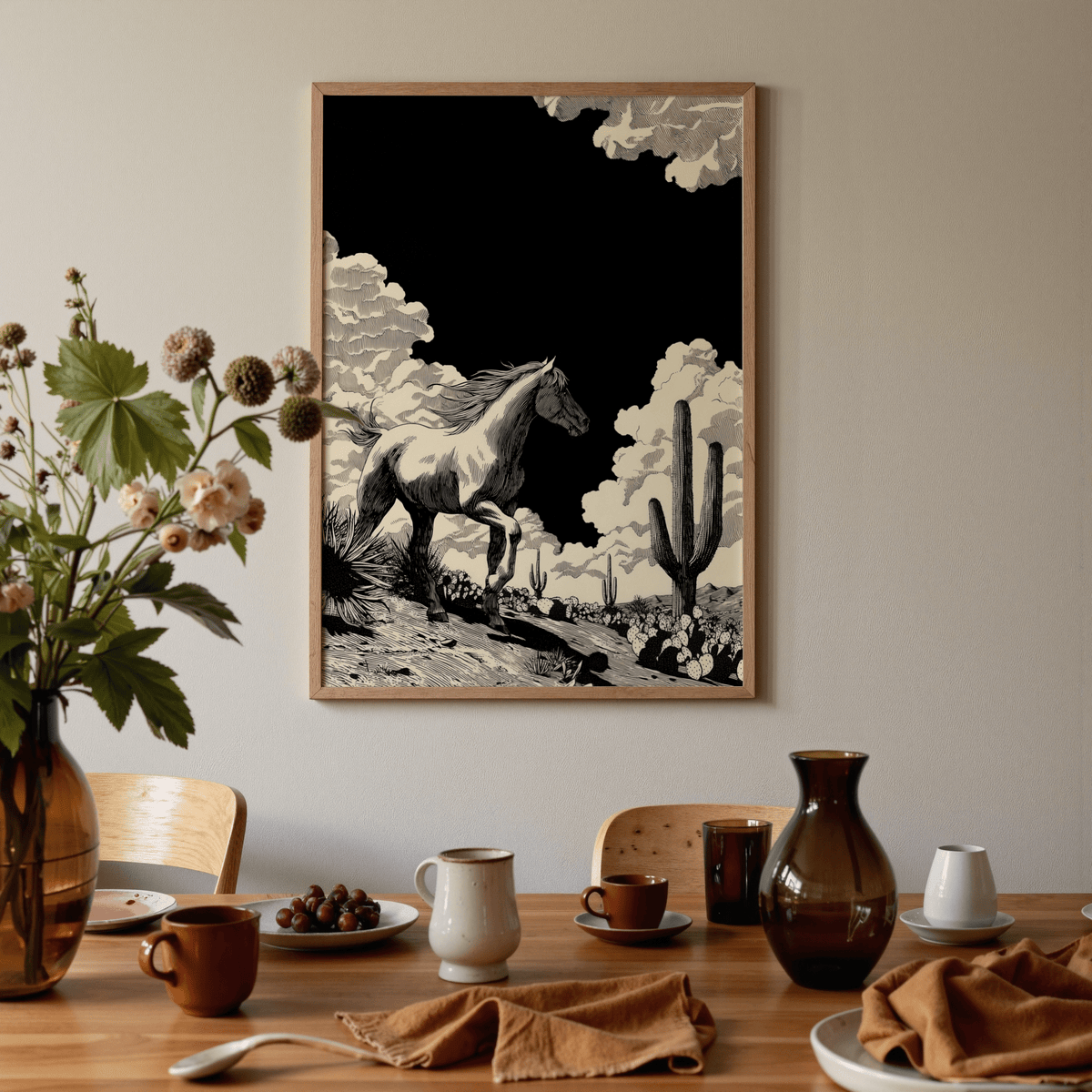 Equine wall print of a horse sprinting through sparse desert vegetation