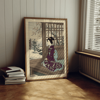 Hasui Kawase geisha print wall art with vertical posts framing a blossom-filled courtyard