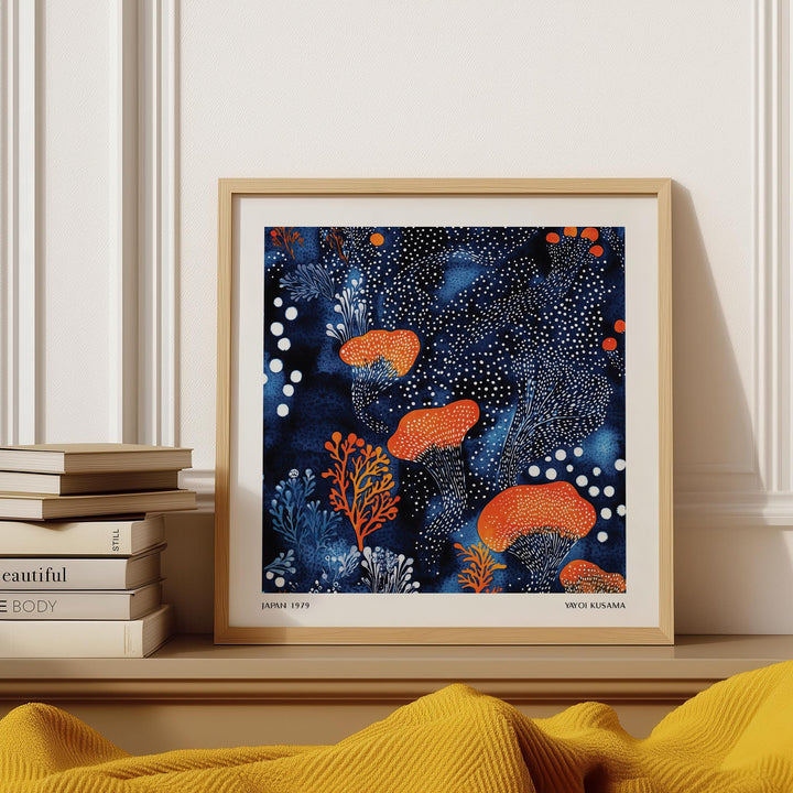 Framed Abstract Floral Art with orange mushrooms and blue watercolour leaning on shelf with stacked books