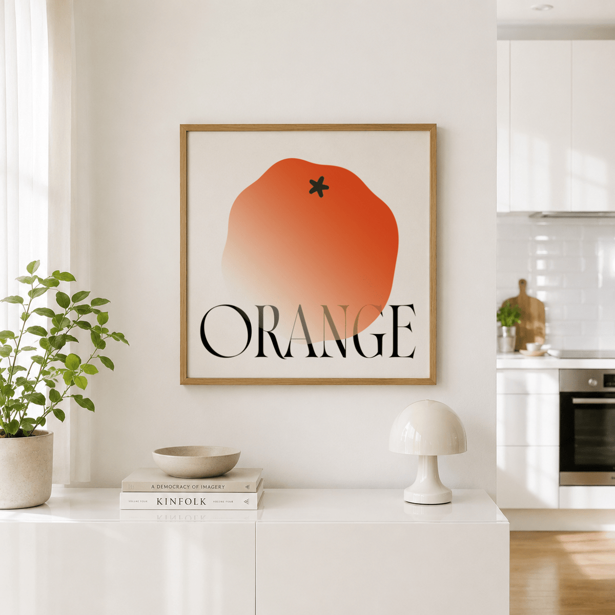 Minimalist Fruit Wall Art wall art print featuring orange silhouette and serif wordmark