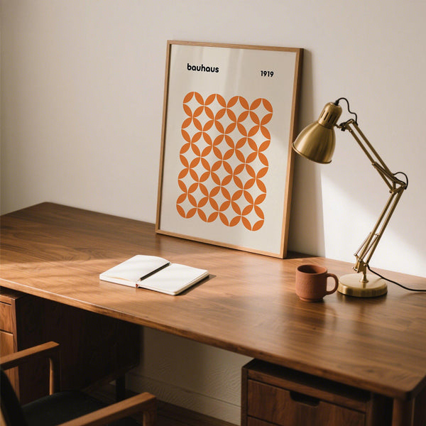 Bauhaus-inspired orange minimalist print with sharp circle grid layout.