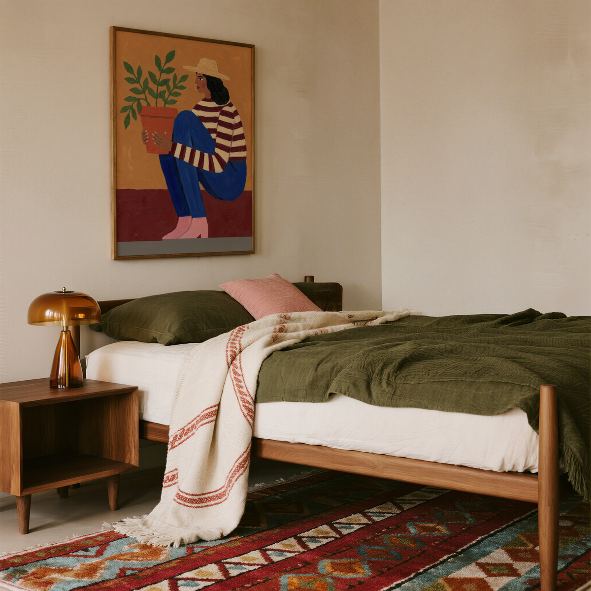 Interior mockup featuring Woman Plant Wall Art above a wooden console