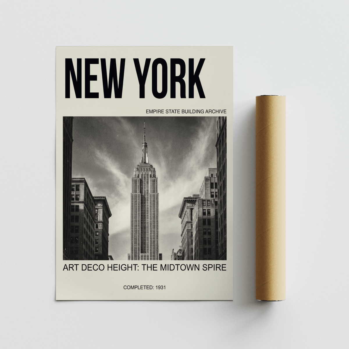Typography-led New York wall poster print with a central landmark photograph and bottom title line