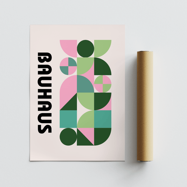 Modern Graphic Print showing abstract Green and Pink shapes for office décor