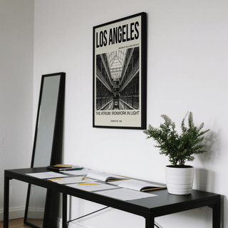 Featuring a black and white architecture poster of the Bradbury Building interior atrium, Los Angeles