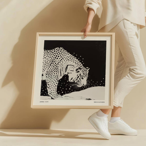 Monochrome japanese tiger art in Kusama-inspired polka dot style
