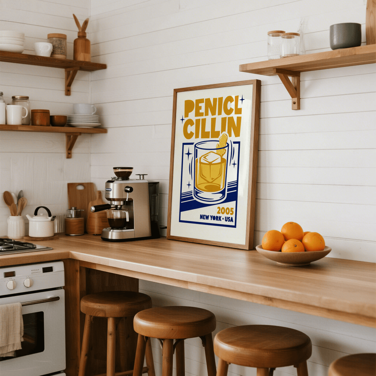 Bar Decor Wall Art featuring Penicillin cocktail in blue kitchen setting