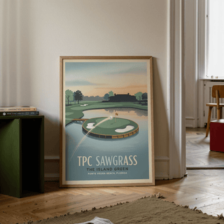 Retro-style wall art poster featuring a circular putting green, two bunkers, and a clubhouse silhouette