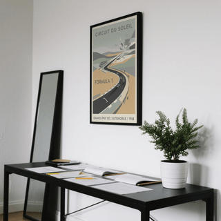 Retro race track wall art poster with multiple cars and angular sunburst forms