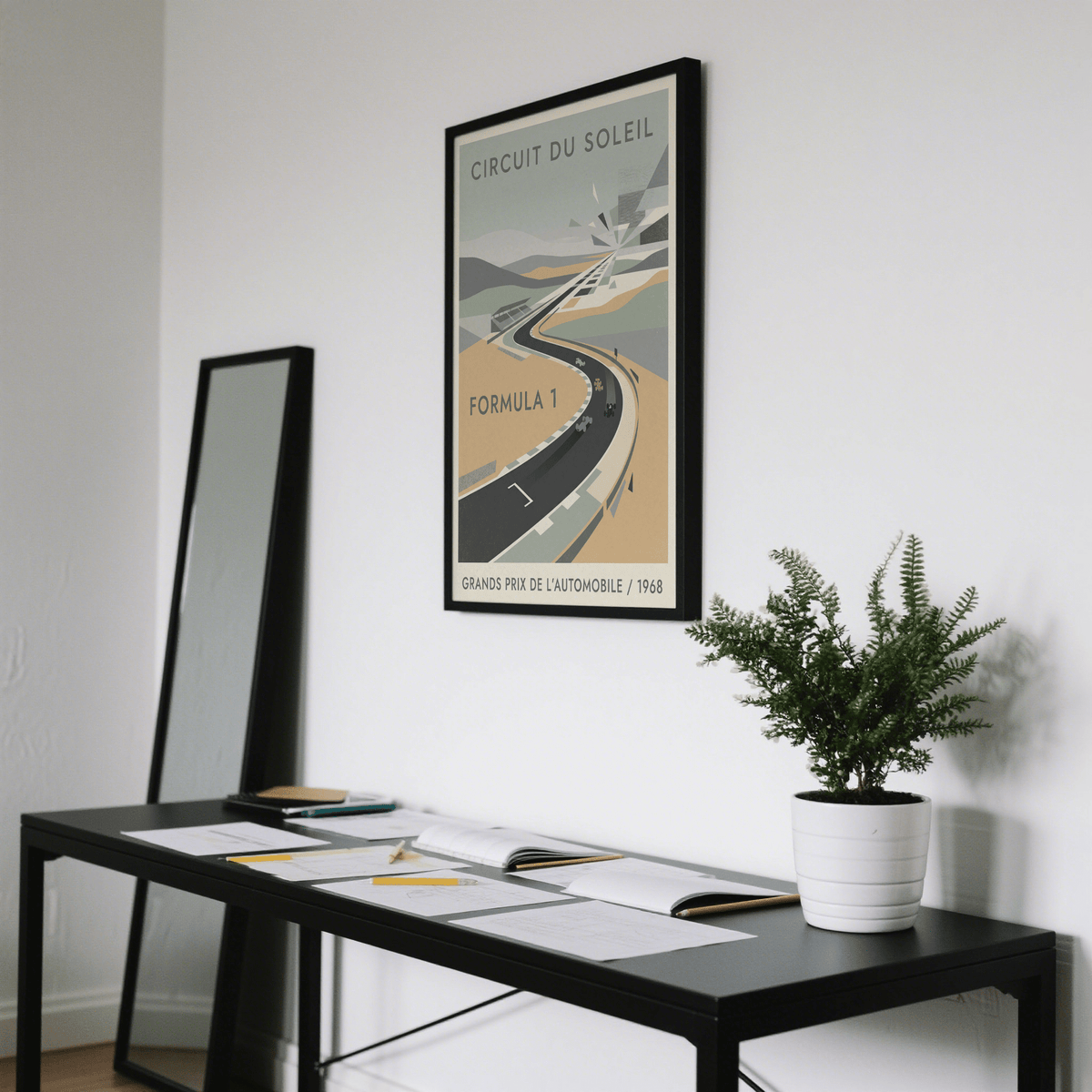Retro race track wall art poster with multiple cars and angular sunburst forms