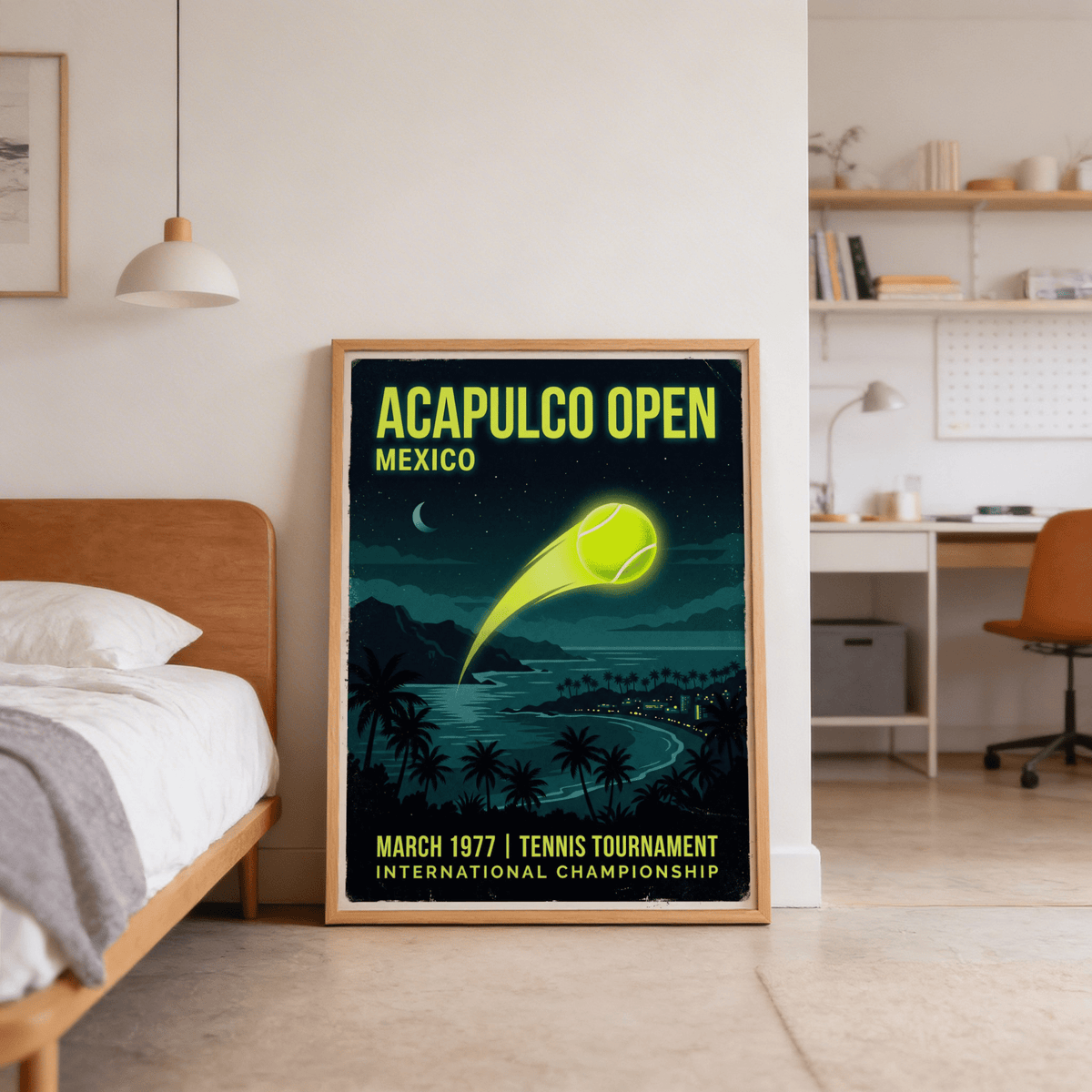 Retro sports wall art print with palm trees, shoreline bay, and starry night sky