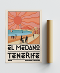 Minimalist travel poster print of Tenerife with beach café silhouettes and strong geometric shapes