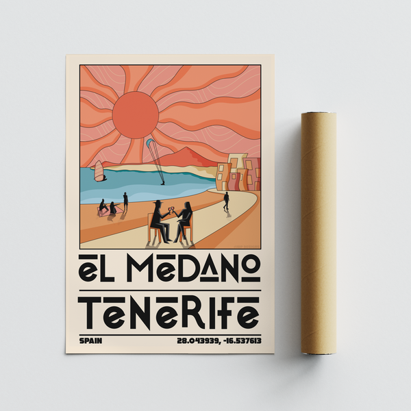 Minimalist travel poster print of Tenerife with beach café silhouettes and strong geometric shapes