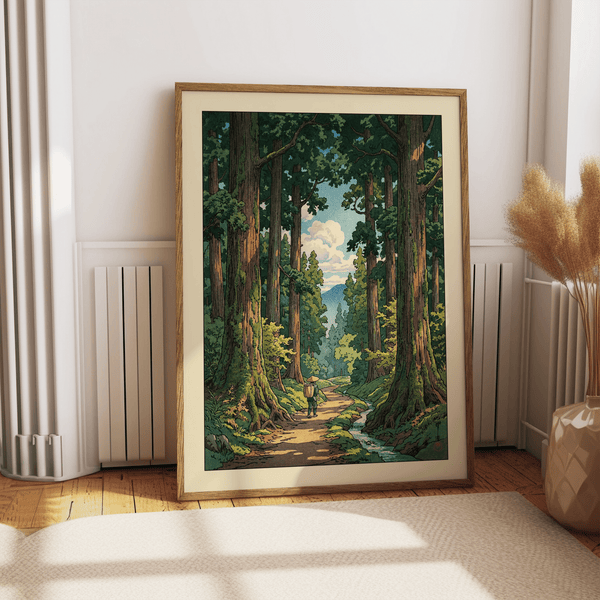 Winding woodland path print with towering tree trunks, stream beside the trail, and distant hills