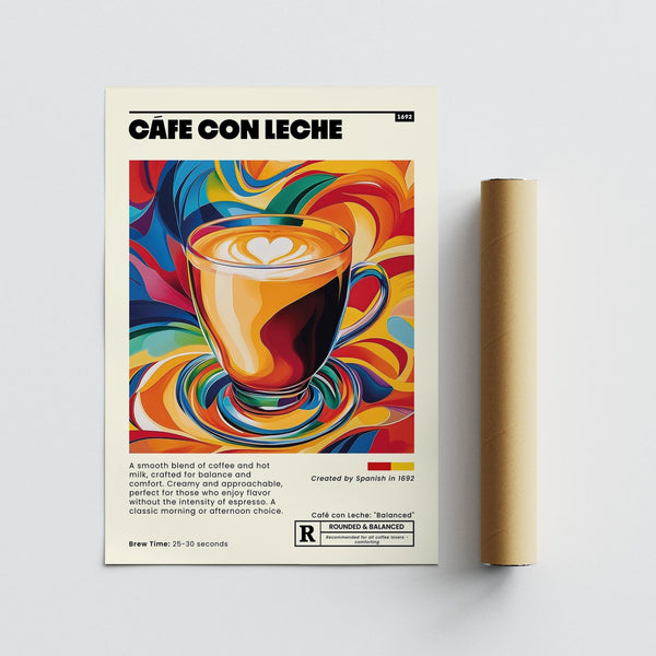 Mid-century modern kitchen wall art with cafe con leche illustration.