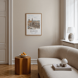 Close-up of Gothic clock tower in Munich city poster print with arched windows
