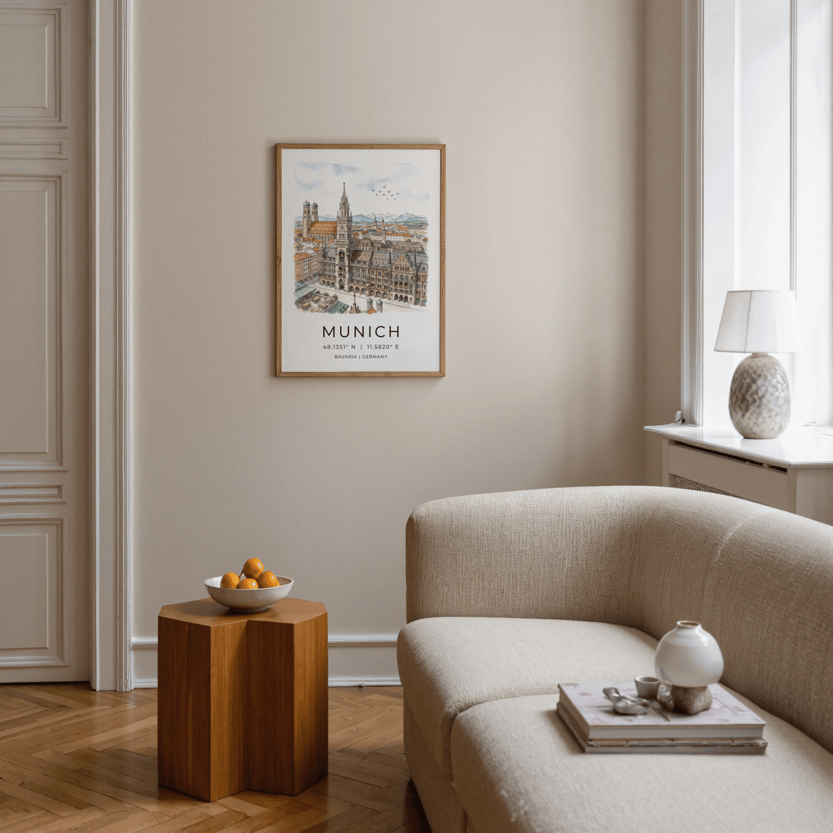 Close-up of Gothic clock tower in Munich city poster print with arched windows