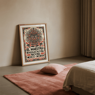 Graphic poster print detail with thick black linework, red accents, and framed edge pattern