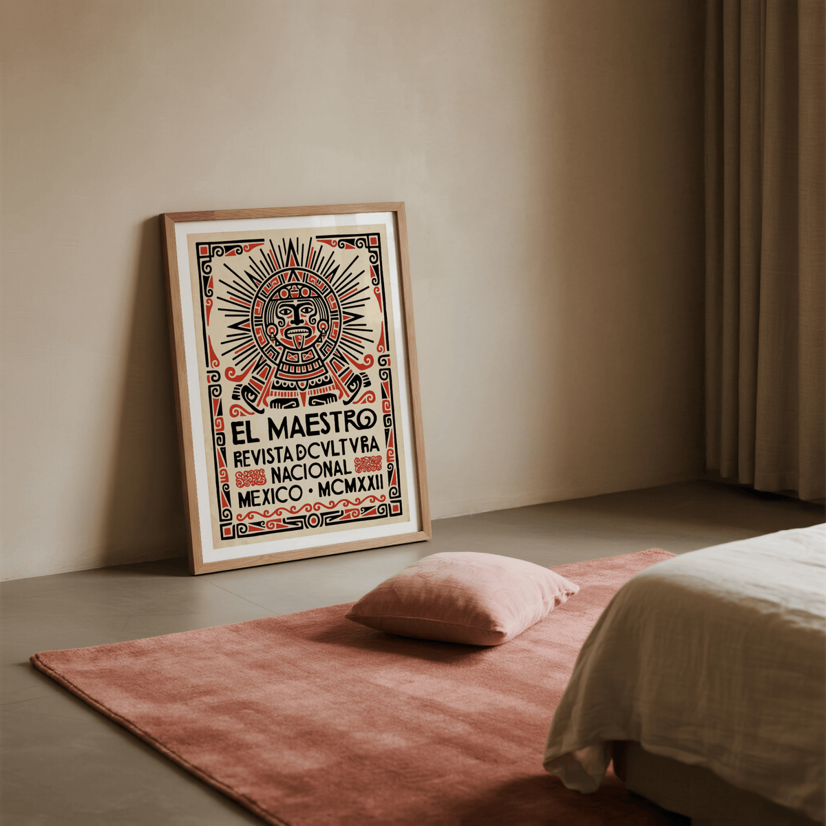 Graphic poster print detail with thick black linework, red accents, and framed edge pattern
