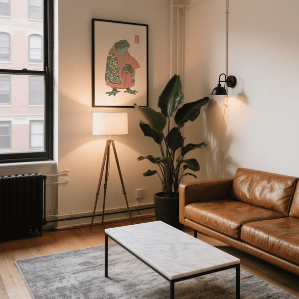 Centered frog illustration poster with kimono garment and large fan