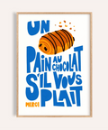 Pain Au Chocolat Print with Blue, Brown, and Orange for kitchen wall art