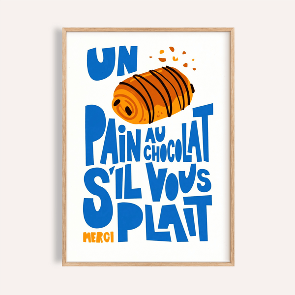 Pain Au Chocolat Print with Blue, Brown, and Orange for kitchen wall art