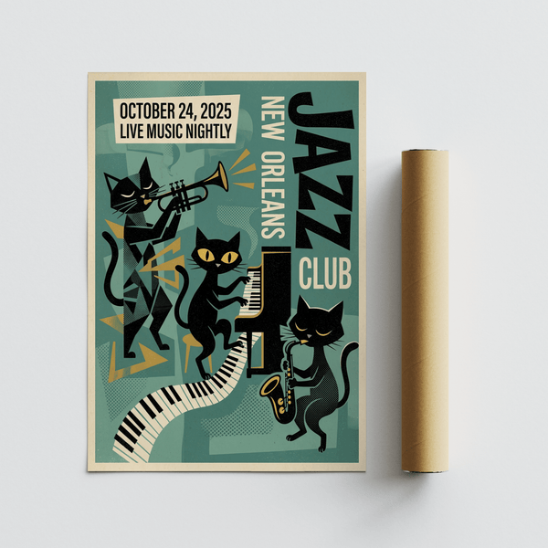 Music poster print featuring cats, saxophone, and piano in graphic style
