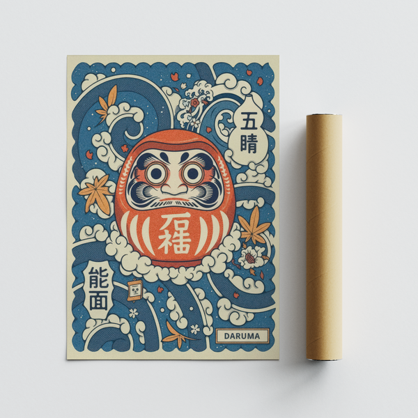 Bold red daruma doll artwork with textured screen-print effect