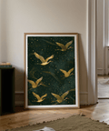 Illustrating Golden Crane Wall Art print with five cranes flying across a dotted background