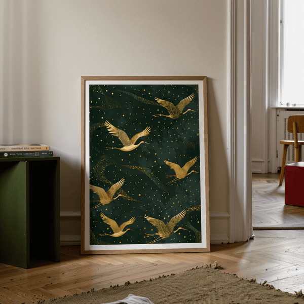 Illustrating Golden Crane Wall Art print with five cranes flying across a dotted background
