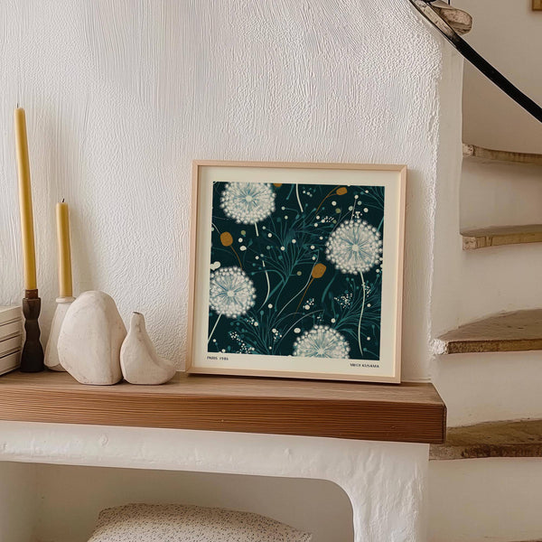 Dandelion wall art with white flowers and abstract green foliage