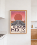 Geometric desert scene poster in pink, red, gray, and beige tones